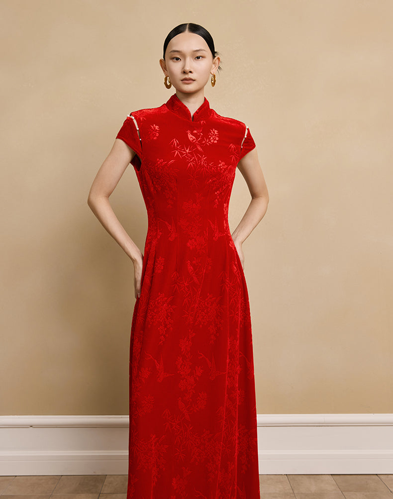 HECO Velvet Embossed Red Black Long Dress Women's- EXPECT.