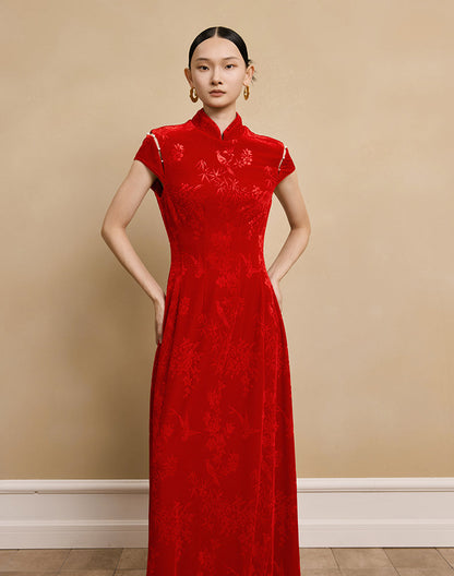 HECO Velvet Embossed Red Black Long Dress Women's- EXPECT.