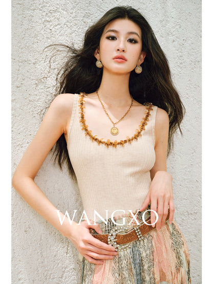 WANGXO |Diamond Bright Silk Webbing with Pit Texture Finish Knitted Vest -LYRA