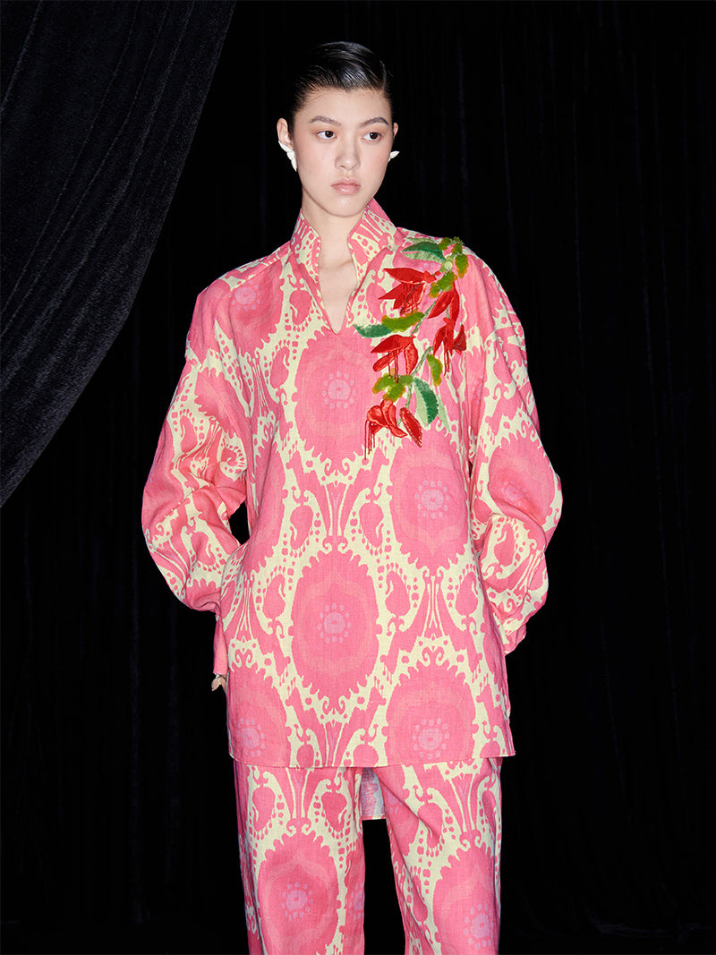 M essential Mackay designer Tuohua calico Burmese tree appliqué embroidered shirt pant set - tao