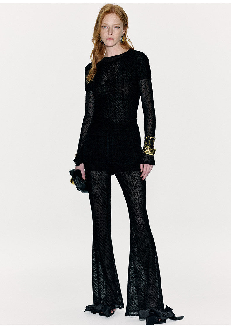 ATELIER MISS LU Logo Flocking Design Sheer Long-sleeved Top - RESULT