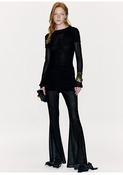 ATELIER MISS LU Logo Flocking Design Sheer Long-sleeved Top - RESULT