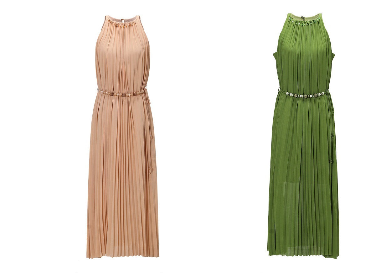 WANGXO | Natural Stone Beaded Halterneck Flowing A-Line Umbrella Skirt -ZENA
