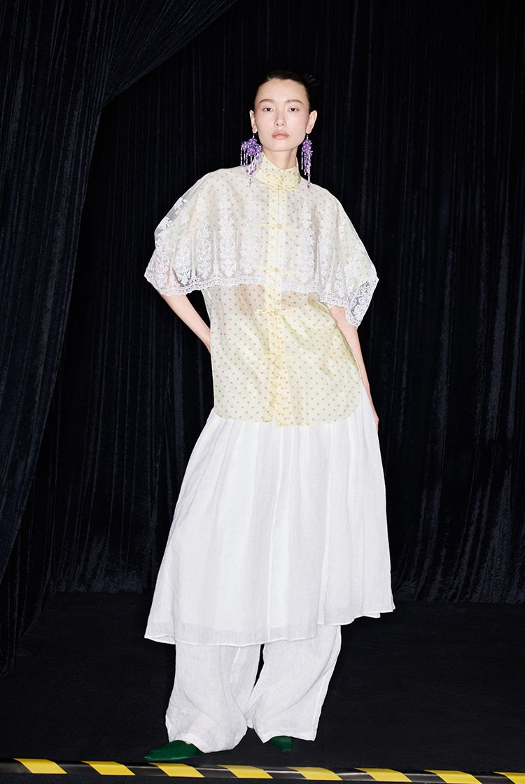 M essential Mackay designer polka dot silk cotton Chinese short-sleeved shirt - SILVER.