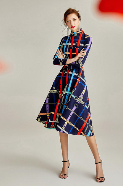 Belt print high neck multi-colored full swing vintage retro inspired audreys dress - Adahl