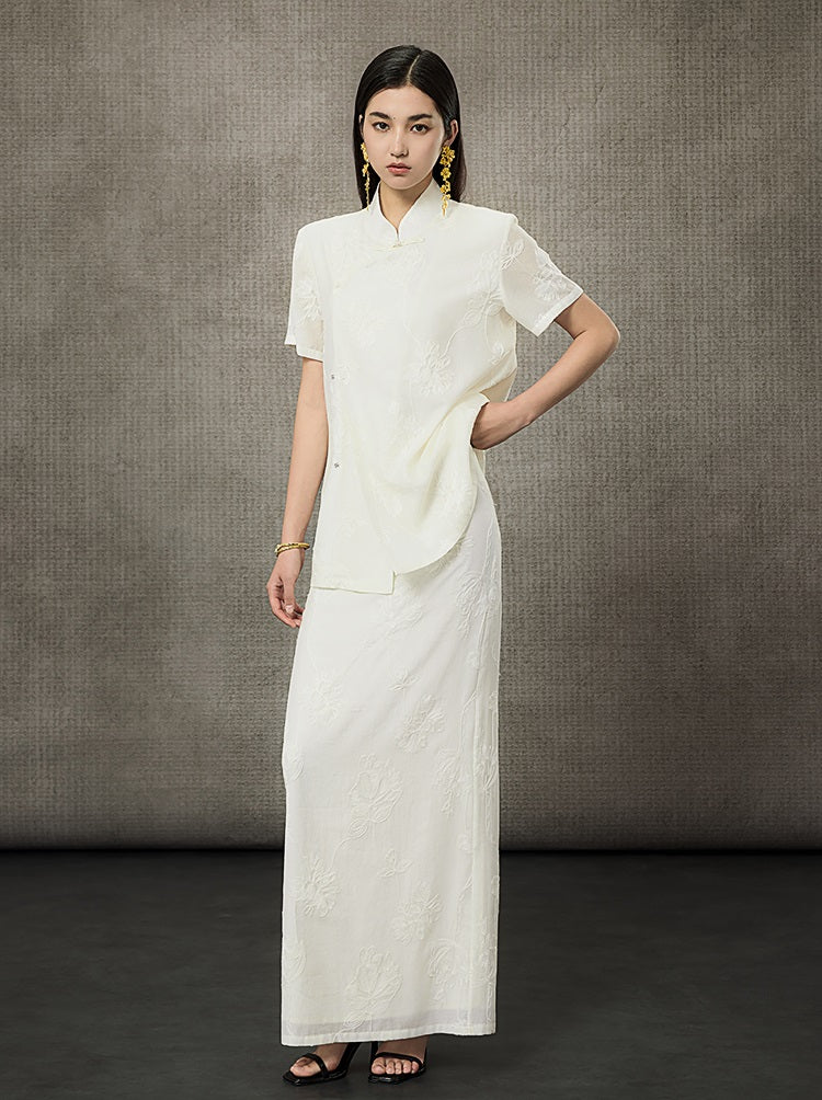 HECO Short Sleeve Mandarin Neckline Loose Summer Top - CENTER.