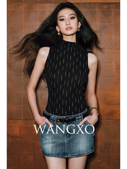 WANGXO| Micro-Elastic High-End Long-Staple Cotton Double Wash High-Waisted A-Line Short Denim Culottes - Clara
