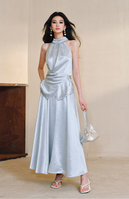 WANGXO | Pearl Lustrous Luxury Gilt Satin  Halterneck Folded Waist Top & High-Waisted Umbrella Skirt Set - ARIA
