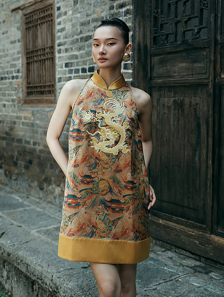 HECO Chinese Stand Collar Color-Blocked Golden Dragon Embroidery Dress - ZIPH