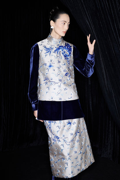 M essential Mackay designer butterfly jacquard blue vine and butterfly embroidery vest - DOME.