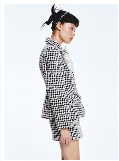 Limited edition Autumn PU leather big bow tweed houndstooth blazer jacket suit set- Tailor