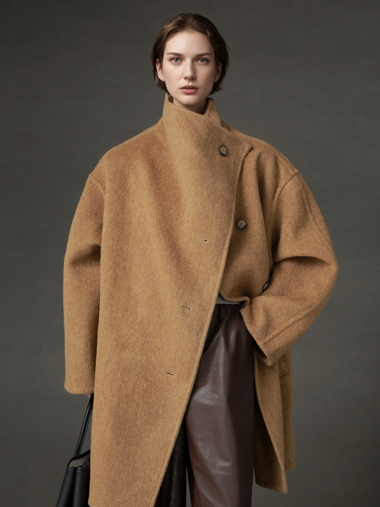PIAOIN European collar design high-end double-sided wool tweed coat -BLOSSOM