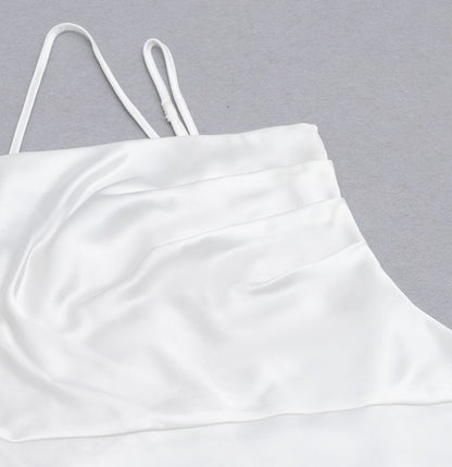 DOLLY Elegant Blue French Style Satin Sleeveless Pleated Hip Long Slit Dinner Dress-AVA