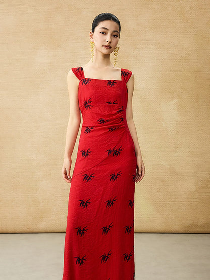 HECO Chinese irregular pleated camisole bamboo leaf print long dress- ROCK .