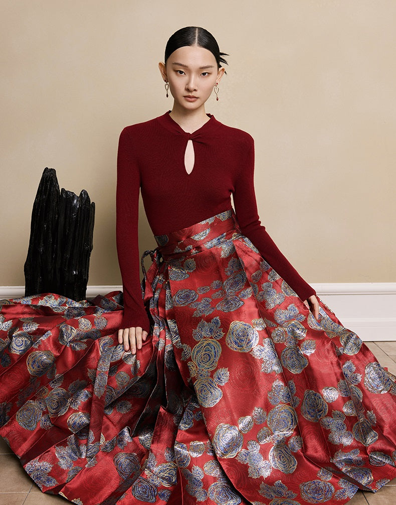 HECO red black white wool Blend twisted cut-out stand collar long-sleeved Knit- secret.