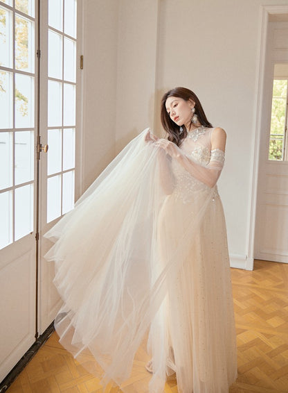 DOLLY Elegant Flower Stand Collar Sleeveless High Waist Tutu Wedding Dress-BELINDA