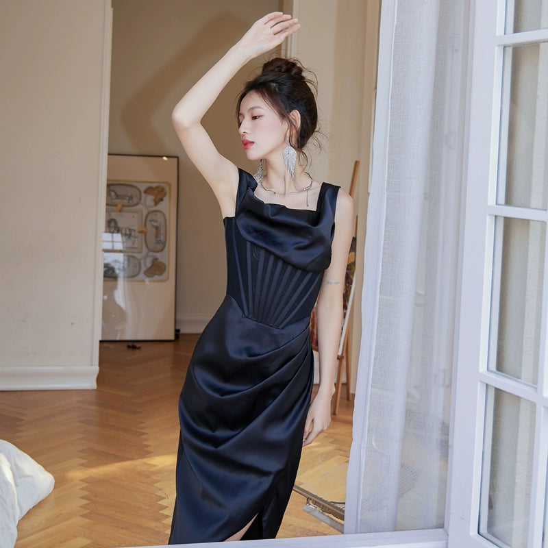 DOLLY Elegant French Style Herringbone One Shoulder Irregular Hem Dinner Dress-SALOMI