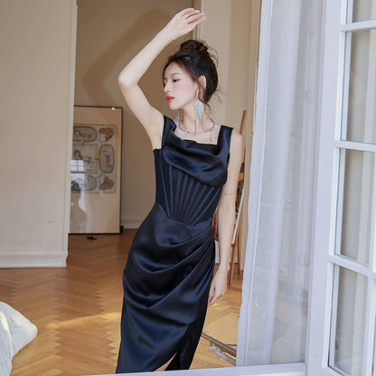 DOLLY Elegant French Style Herringbone One Shoulder Irregular Hem Dinner Dress-SALOMI