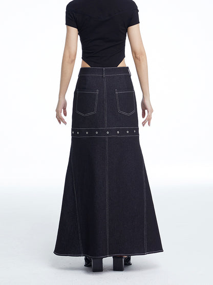 TINY IN black denim women's long a-line skirt -SALEM