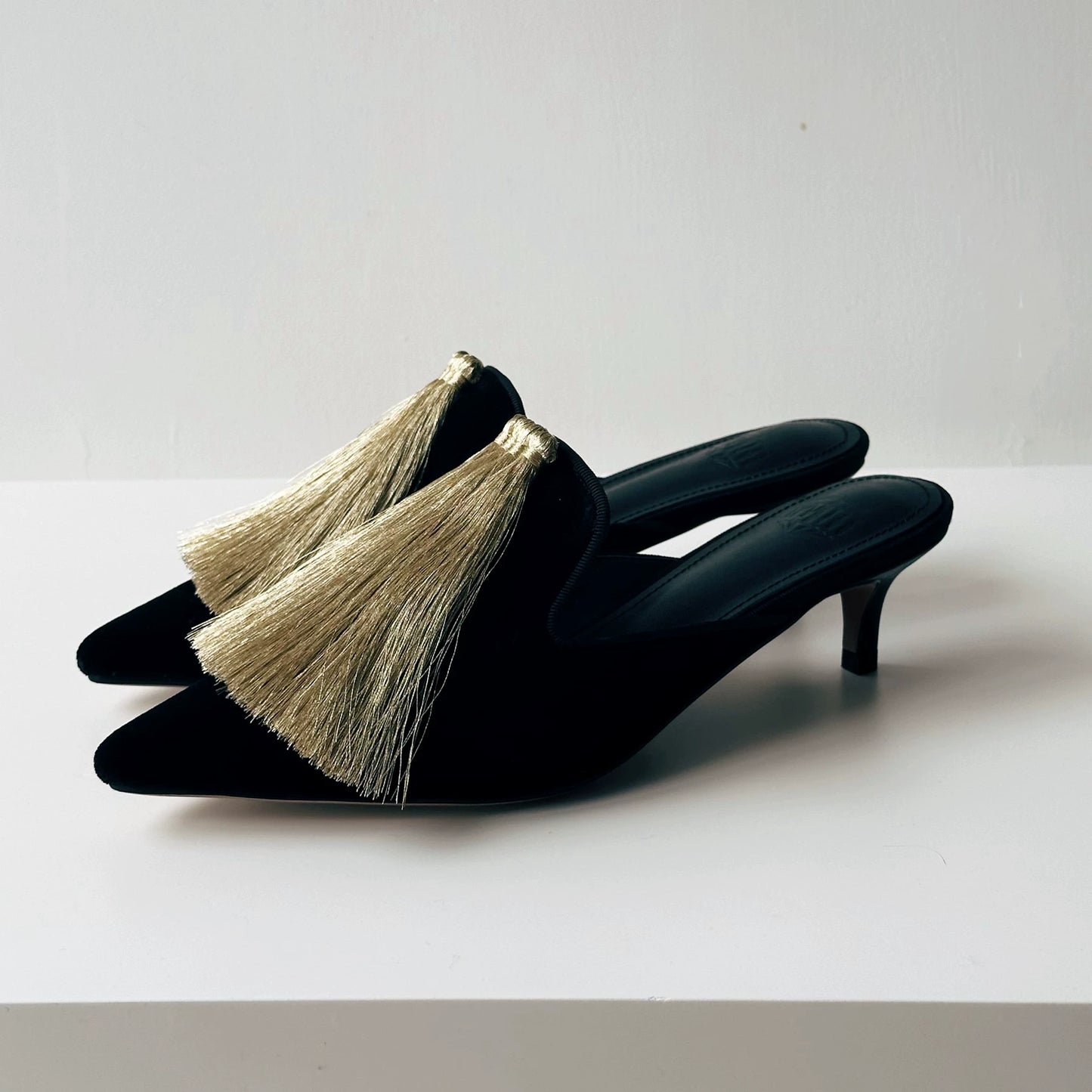 B-FEI Chinese black and gold kitten heels women's mules-TIKAI.
