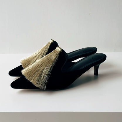 B-FEI Chinese black and gold kitten heels women's mules-TIKAI.