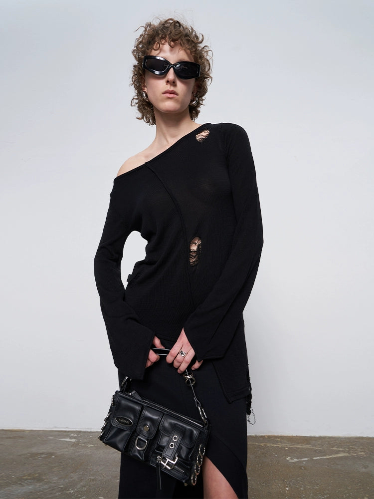 ANNAKIKI irregular four-pointed star sleeve ripped pullover knit sweater-ETSUKO