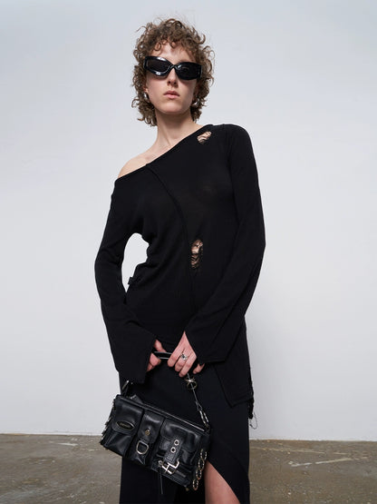 ANNAKIKI irregular four-pointed star sleeve ripped pullover knit sweater-ETSUKO