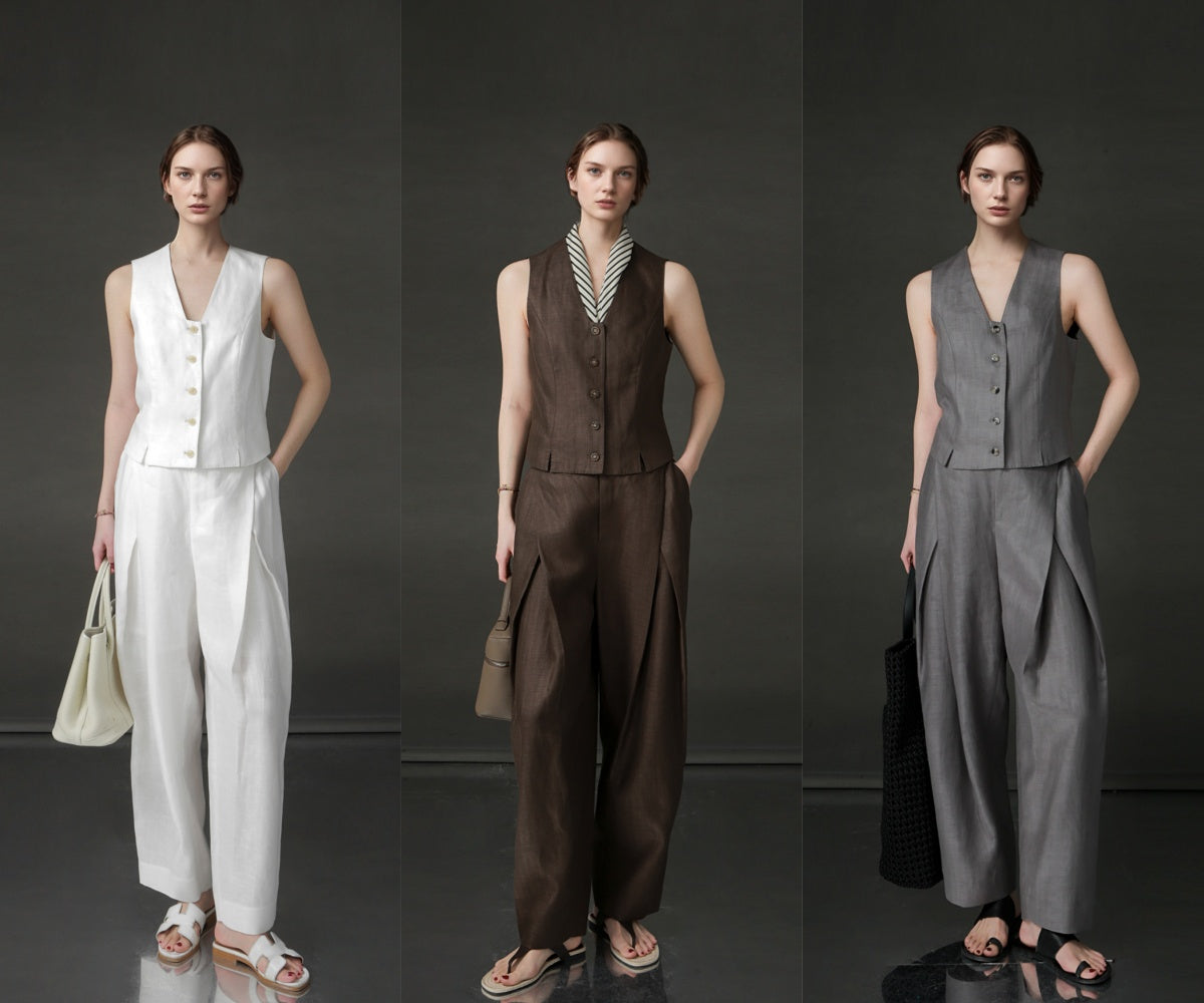 PIAOIN designer haute couture cross pleated niche Tencel linen wide leg straight pants -ALICE