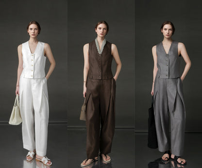 PIAOIN designer haute couture cross pleated niche Tencel linen wide leg straight pants -ALICE