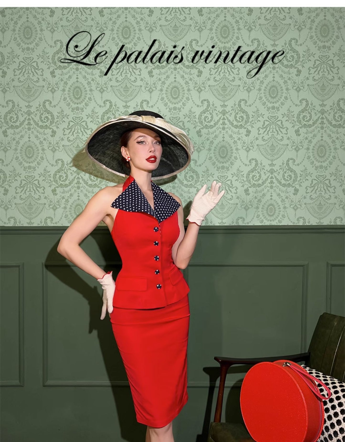 Le Palais Vintage  retro 50s classic pictorial red polka dot skirt + top set - Betty