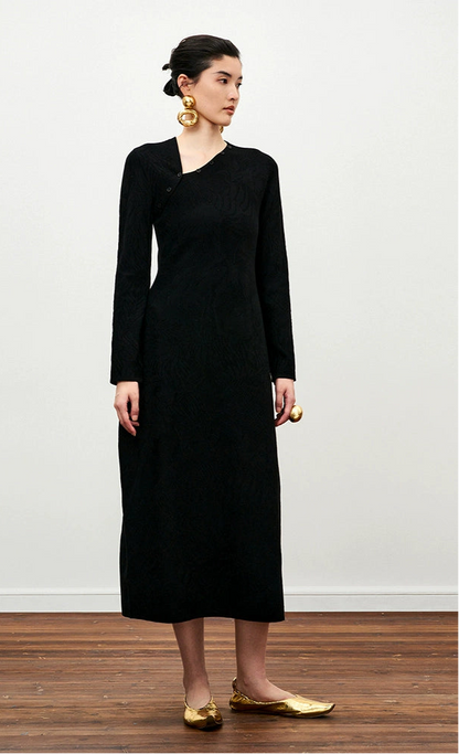 ZHUCHONGYUN Chinese winter bias placket black knit dress--ICHIMURA.