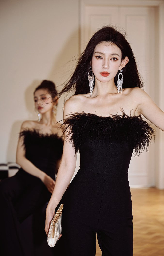 DOLLY High End Black Sleeveless Feather Tube Top Long Flared Pant Jumpsuit-PALMER
