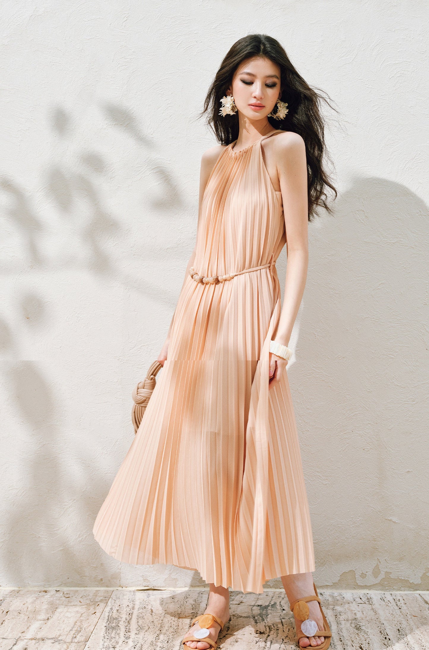 WANGXO | Natural Stone Beaded Halterneck Flowing A-Line Umbrella Skirt -ZENA