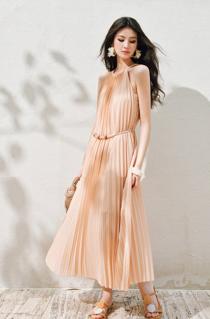 WANGXO | Natural Stone Beaded Halterneck Flowing A-Line Umbrella Skirt -ZENA