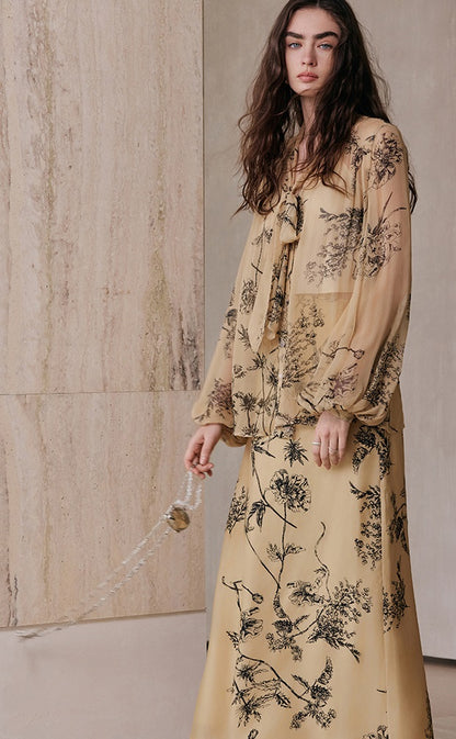 M essential Wise & Elegant Relaxed Resort Silk Flowing Streamer Print Skirt-SELVARA.