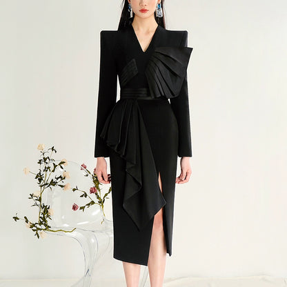 CHECOCRE Classy Design Sense Slit Temperament Elegant Black Suit Dress - ENYA