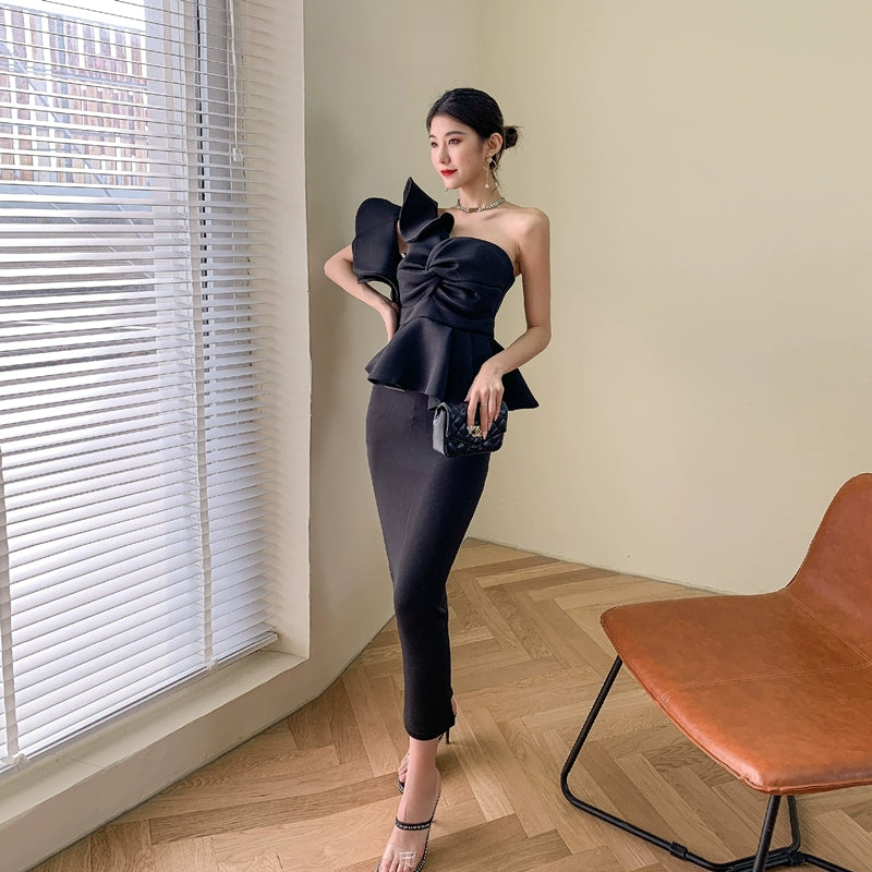 DOLLY Elegant French Style Off Shoulder Ruffle Short Top+ High Waist Skirt-LOIS