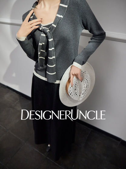 DGU| Dark Gray Striped Bow Tie Niche Design Retro Gentle Commuter Top - Antonio.