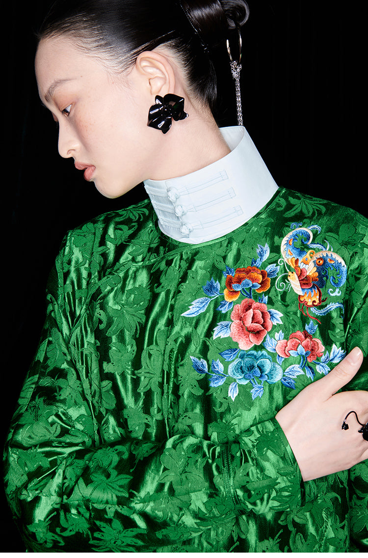 M essential Mackay designer emerald green silk thread embroidered top  pants set- zim.