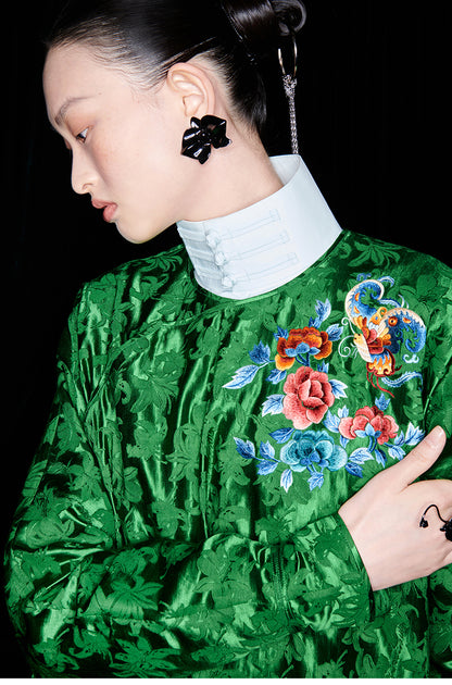 M essential Mackay designer emerald green silk thread embroidered top  pants set- zim.