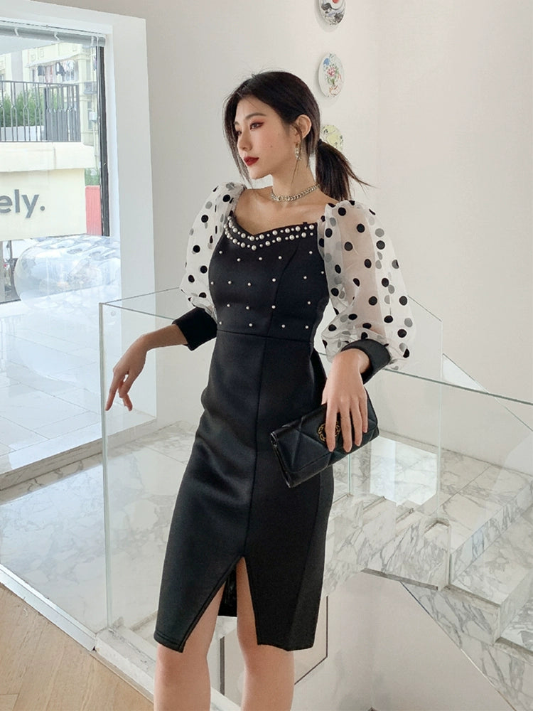 DOLLY Luxury Black Retro Style V-Neck Polka Dot Long Sleeve Slim Fit Dress-DEL