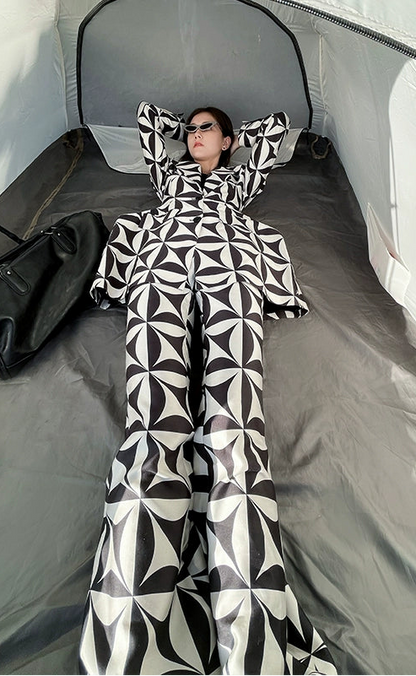 ANNAKIKI  silk star-print flared pants casual trousers-SHOUTO.