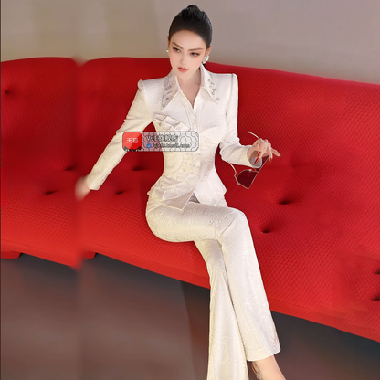 VJE Ruffled Shirt Flared Pants Two-Piece Outfit Set - NATE.