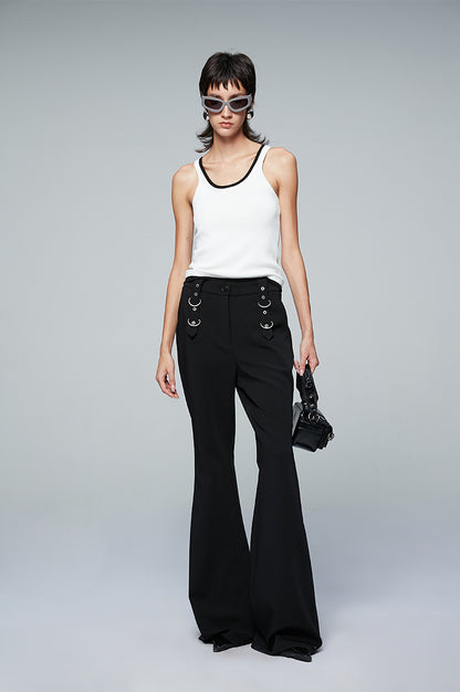 ANNAKIKI Designer Black Buckle Slim Fit Wide-Leg Casual Boot Pants-SAKATA