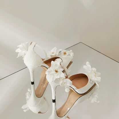 B-FEI white flower wedding ankle strap high heel shoes-MIJI.
