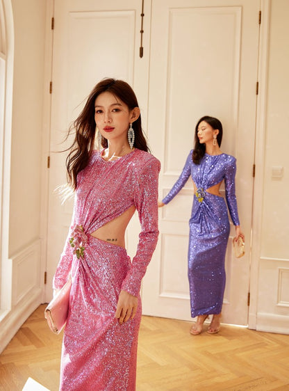 DOLLY Elegant Crew Neck Long Sleeve Slim Fit Sequin Long Evening Dress-IIANA