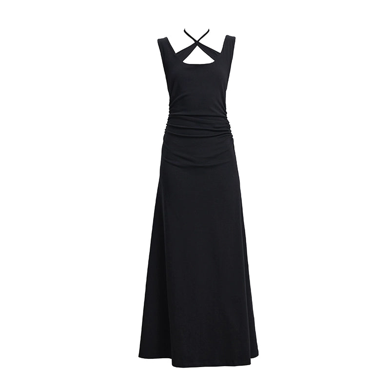 TINY IN cross-neck pleated knit maxi black dress-AYA