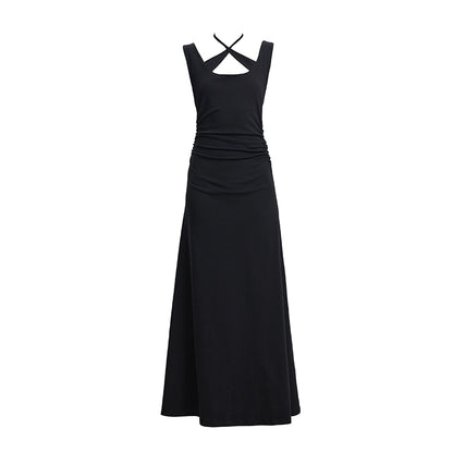 TINY IN cross-neck pleated knit maxi black dress-AYA