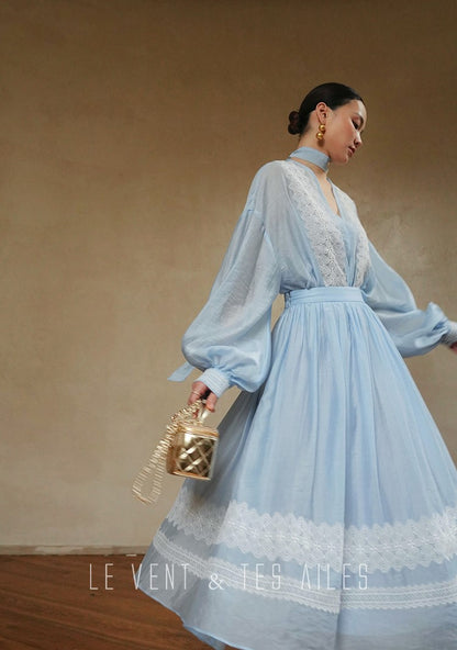 LE VENT&TES AILES pastel blue elegant summer vacation  V-neck shirt skirt set -GWEN