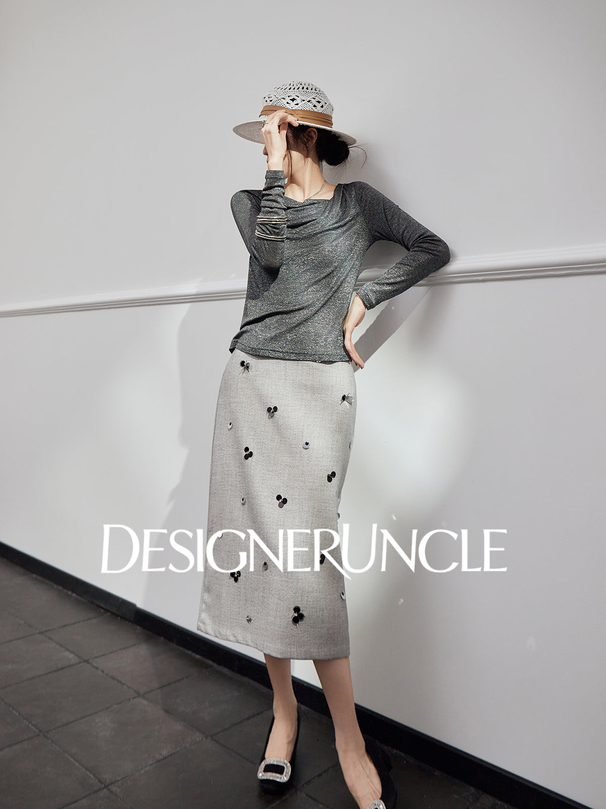 DGU "Ink Realm" gray long-sleeved loose commuting slimming and versatile high-end top - YAN.